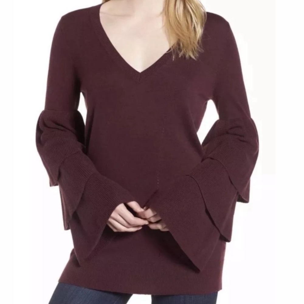 Nordstrom - Chelsea28 Ruffle Sleeve V-Neck Sweater In Burgundy (Small)